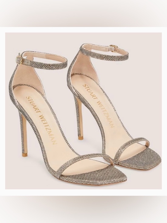 Stuart Weitzman Shoes - Stuart Weitzman Silver Ankle-Strap Stiletto NudistCurve 100 Sandal Heels 8.5